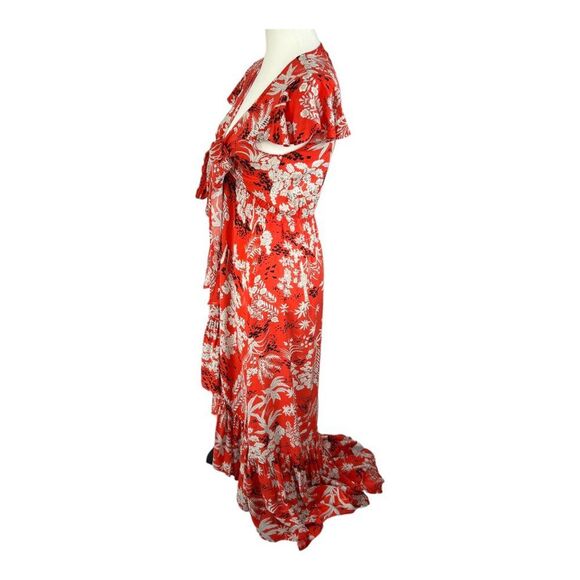 Aakaa Red Sexy Summer Floral Deep V Neck High Low Flowy Front Tie Maxi Dress S - Picture 7 of 16